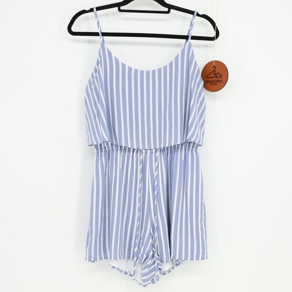 Abercrombie Fitch Blue White Striped Cami Romper Ruffle Tiered Waist Medium NWOT - Picture 3 of 7